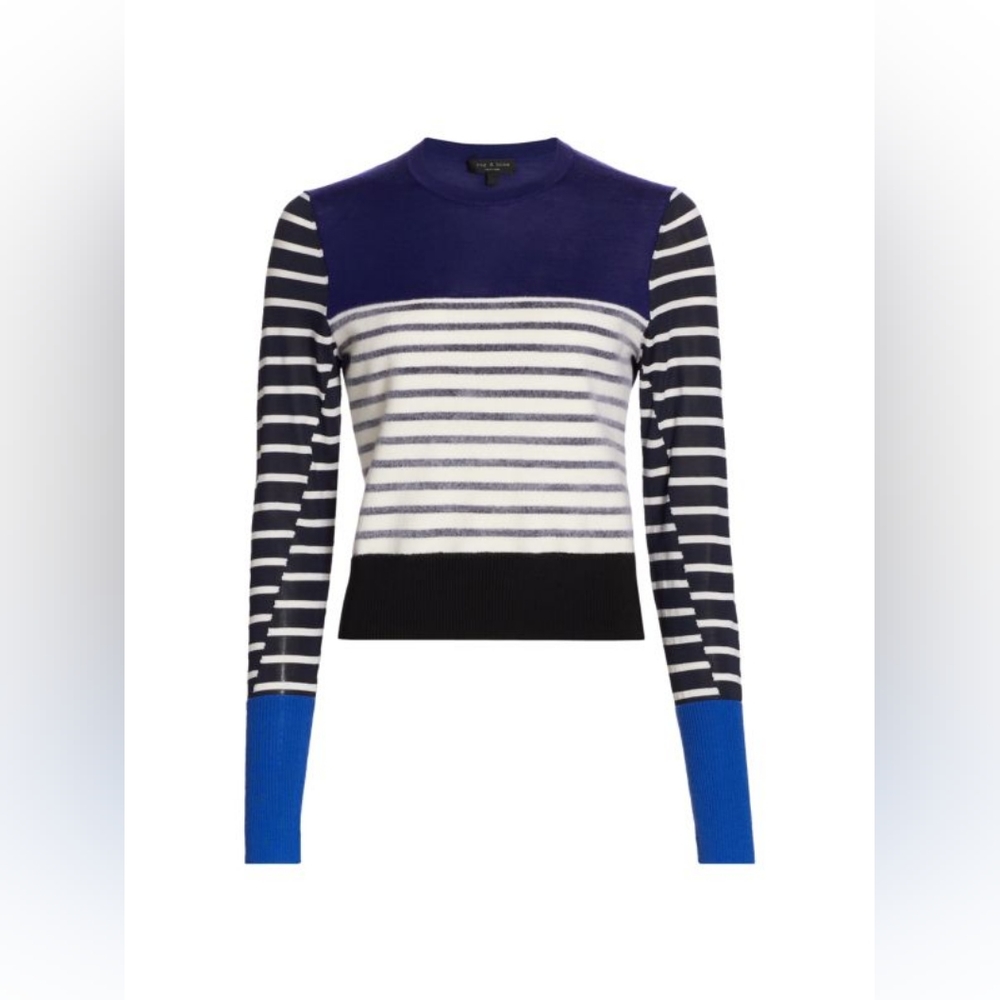 NWT Rag & Bone 100% Merino Wool Mismatch Striped Sweater size S Blue & White